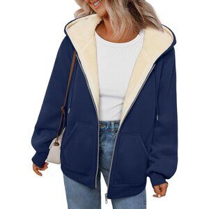 Womens Navy Trendy Queen Zip Up Hoodie Fleece Lined Jacket Winter Sweatshirt